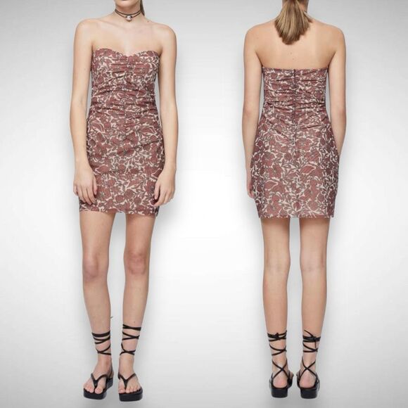 Bec + Bridge Priya Hibiscus Floral Ruched Strapless Mini Dress Size US 10 AUS 14 - Picture 1 of 9